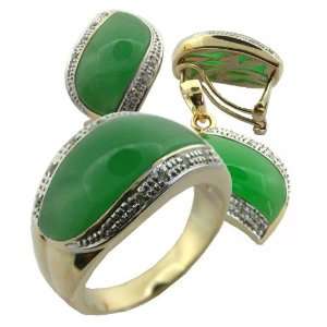  Green Jade and Diamond Rivus Earring, Ring and Pendant Set 