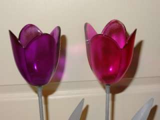   Metal Tall Pink Purple Tulip Flower Glass Candle Holders Candlesticks