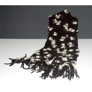    Womens Black with White Tufts Hand Knit Scarf 