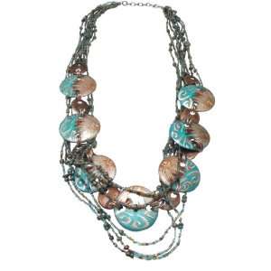   Multi Strand Ocean Blue Necklace with Hand Paint Wood Motifs: Jewelry