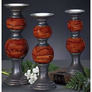  Set of 3 Pewter Ceramic Candleholders w/ Globe Accent 