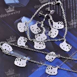 Set Ear Stud Bracelet Necklace HelloCat Link Chain Stainless Steel 