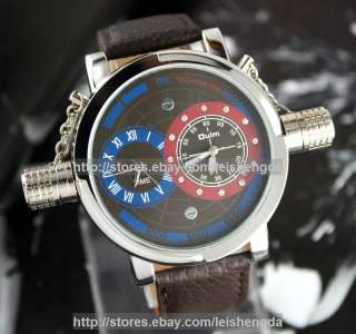 Dual Time Zone Date Military Leather Mens Wrist Watch  