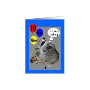  10th Birthday, raccoons itching with balloons Card: Toys 