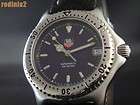 Auth Tag Heuer Mens Mid Size Sel Blue Dial SS Case Black Leather Band 