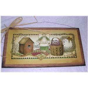  Large Country Wooden Wall Art Sign Stars Berries Birdhouse: Home