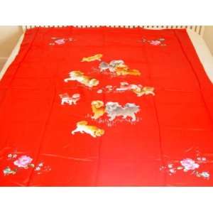  Chinese Silk Embroidery Bedspread Dog Red 