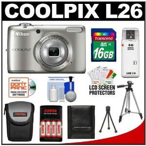 Nikon Coolpix L26 Digital Camera (Silver) with 16GB Card + Case + (4 