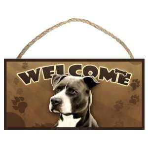 Pitbull (black and white) Welcome Sign 10 x 5 Wooden Sign / Plaque 
