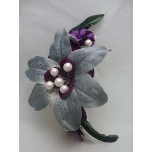  Grey Lily with Purple Flowers Hair Clip: Beauty