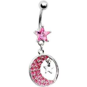  Pink Gem Crescent Moon Star Belly Ring Jewelry