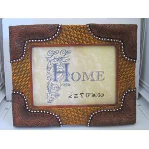 5x7 Picture Frame, Rustic Western Decor, Woven Leather & Silver Dot 