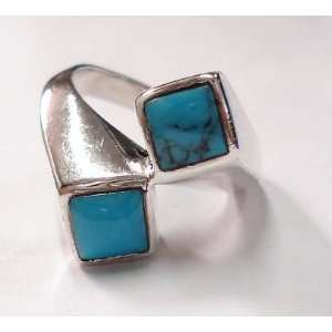  Diamond Shape Turquoise Stone Silver Ring (Size 8 