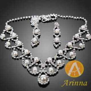 ARINNA Pendant Milky Pearls Rhinestone Necklace Earring Set Swarovski 