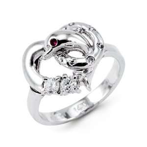    14k White Gold Womens CZ Gemstone Heart Dolphin Ring: Jewelry