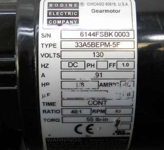 BODINE 6144 GEAR MOTOR CONVEYOR MOTOR 1/8 HP 130V 62 RPM /W CONTROLLER 