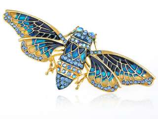 Indigo Blue Painted Enamel Crystal Rhinestone Moth Fashion Jewelry Pin 