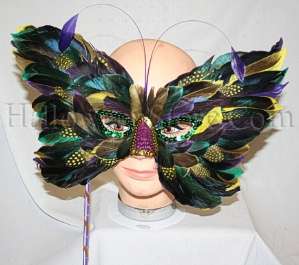 Mardi Gras Feather Mask Masquerade On a Stick Butterfly  