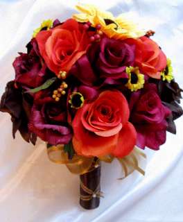   Bouquet Bridal Silk flowers FALL BROWN ORANGE YELLOW SUNFLOWER17pc