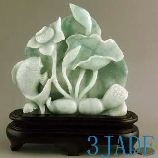 Natural Jadeite Jade Carving / Sculpture Lotus Fish Statue  