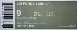 NIKE AIR FORCE 1 MID WHITE WOLF GREY SZ 8.5 13 315123 106 NIKE AF1 MID 
