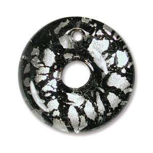  Murano Style Glass Silver Foil Black Small Round Donut 