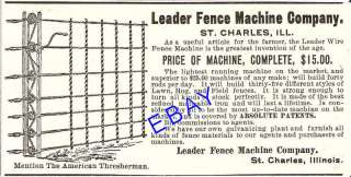 1900 LEADER WOVEN WIRE FENCE MACHINE AD ST. CHARLES IL  