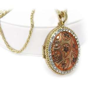 Crystal Stud Gold Enamel Filigree Metal Oval Locket Pendant Necklace