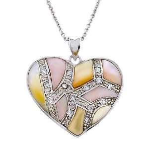  Mosaic Genuine Mother Of Pearl C.Z. Silver Heart Pendant 