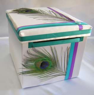 Wedding Reception Peacock Feather Purple Turquoise Gift Card Money Box 