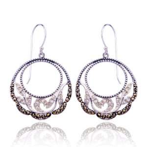    Sterling Silver Marcasite and Crystal Round Drop Earrings Jewelry