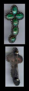 VINTAGE NAVAJO INDIAN STERLING SILVER GREEN TURQUOISE CROSS PIN  