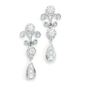   Plated Sterling Silver CZ Post Earrings with Scroll Design and CZ Drop
