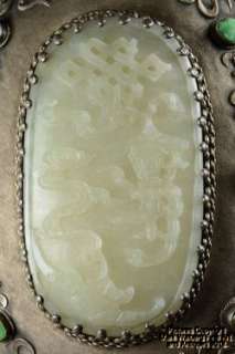 Chinese Nephrite Jade Plaque & Belt Hook Mounted in Silver Hand Mirror 