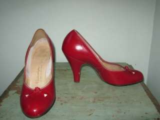 VINTAGE 40s RED BOW PUMPS SWING SHOES CHUNKY HEELS 7.5 B  