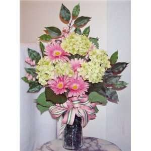  Honeydew Colored Hydrangeas & Pink Daisies,Silk Floral 