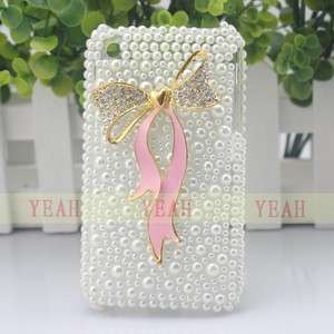 cute pearl S/ pink bow crystal diamond hard case back cover for iphone 