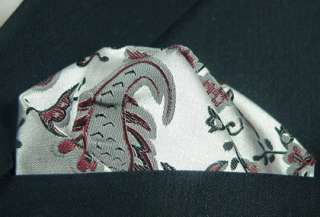 Landisun 74K Silver Red Black Floral Mens Silk Tie Set: Tie+Hanky 