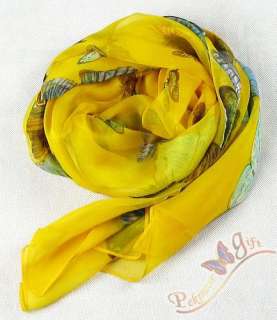 Yellow Oblong Silk Neck Scarf Art Painting Butterfly  