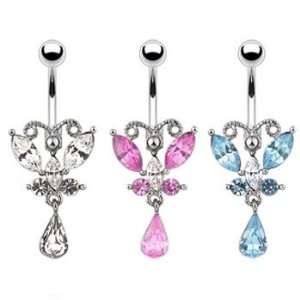   butterfly belly ring with jeweled teardrop dangle, aquamarine: Jewelry