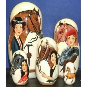  Equestrian Horse Rider 5 piece Russian Wood Nesting Doll 