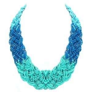    Shades of Blue Seed Bead Braided Statement Necklace: Jewelry
