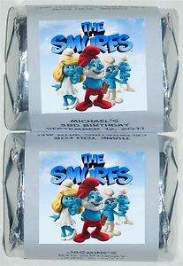 30 BIRTHDAY PARTY SMURFS PERSONALIZED NUGGET CANDY WRAPPER LABELS 