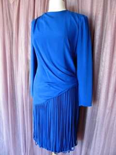 DRAPED MIGNON BLUE VINTAGE COCKTAIL DRESS~FRINGE~10  