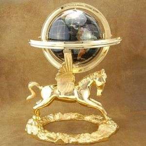 21 Black Ocean Gemstone Inlaid Globe with Brass Base  