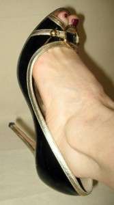   PADOVAN Black Patent & Metallic Gold Peep Toe Pumps Shoes Sz 40/9US