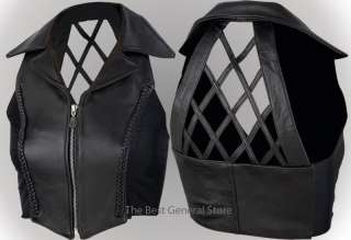 Black Solid Leather Womens Vest with Open Cross Hatch Back Ladies S M 