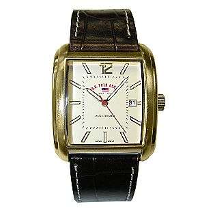 Mens Calendar Date Watch with Champagne Dial and Brown Leather Band 