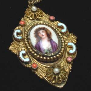 Portrait Pendant Vintage Necklace Enamel Hand Painted  