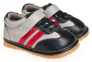 Squeaky Shoes Boys Gray Black with Red Racing Stripes SIngle Strap 